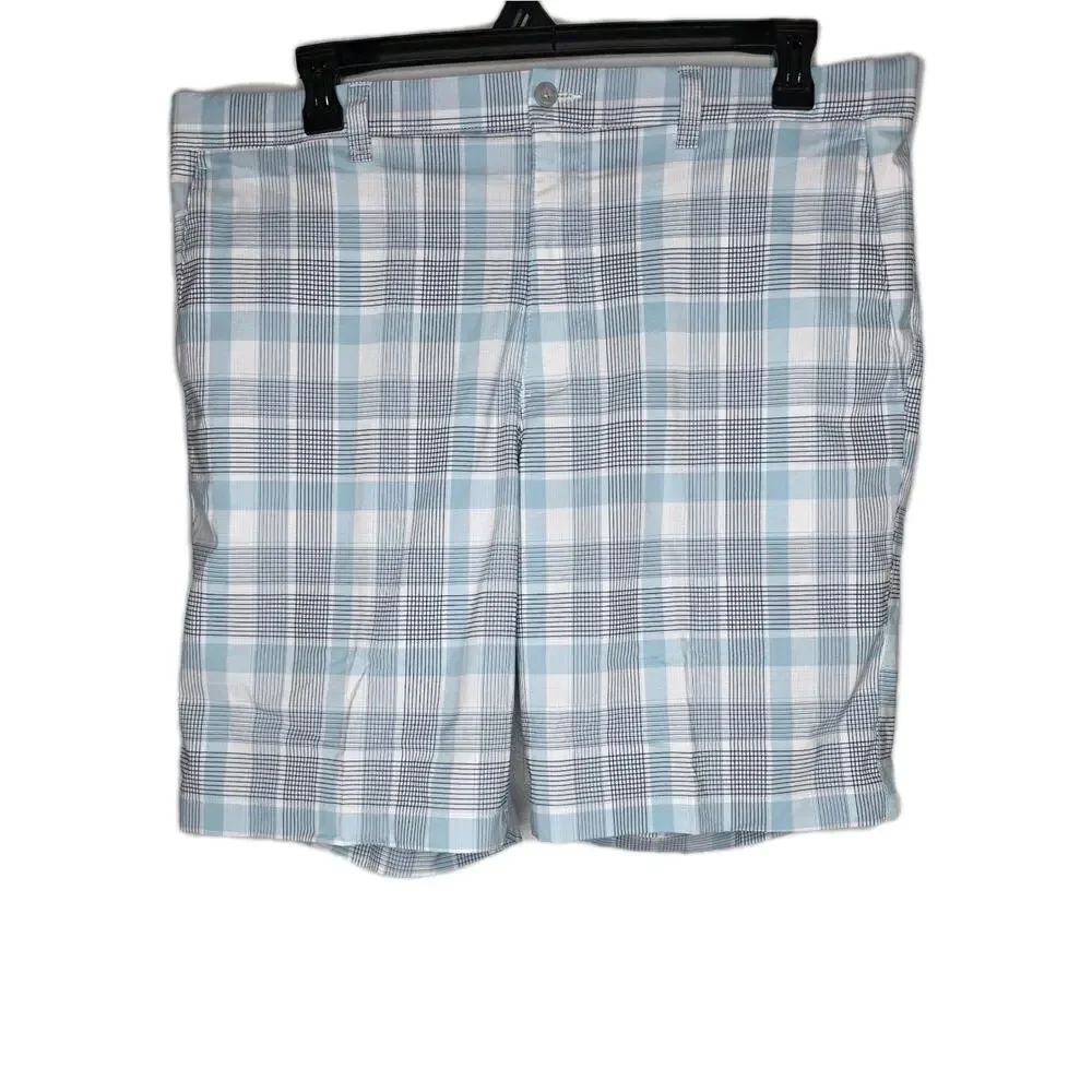 PGA Tour Golf Shorts Mens 38 Blue Plaid Flat Front Slash Pocket Casual Active